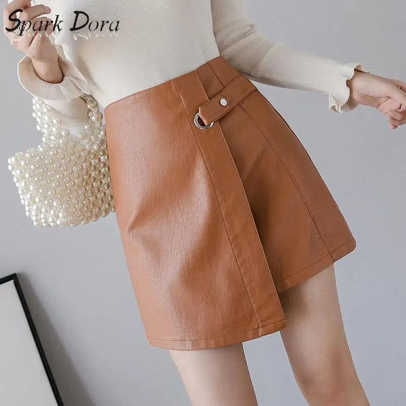 SparkDora 3-color Irregular Lined Leather Skirt 2020 Autumn And Winter Korean New High Waist And Hip Pu Skirt