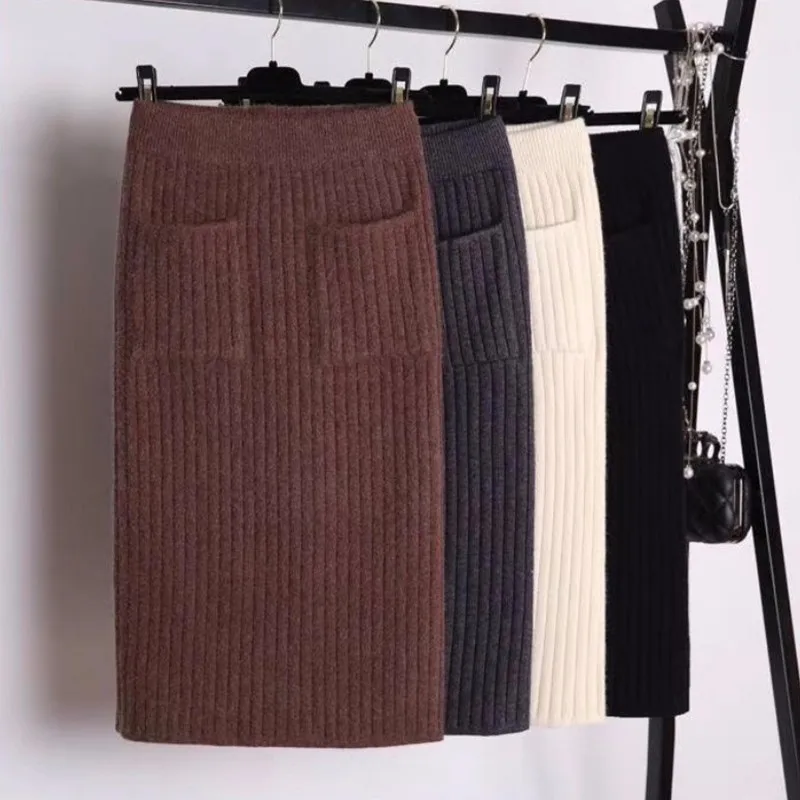 

DeRuiLaDy 2019 New Fall Winter Warm Elegant Skirt Elastic Knitted High Waist Pockets Skirts Casual Black Midi Skirt