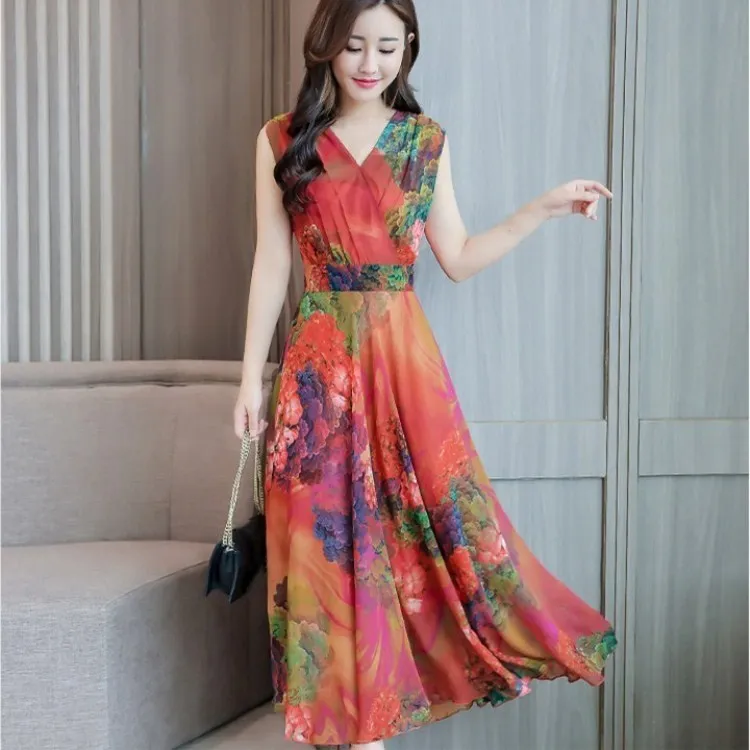 

Nice 3Xl Plus Size Printed Chiffon Dress Summer Female V Neck Long Dresses Sleeveless Bohemian Women Dress