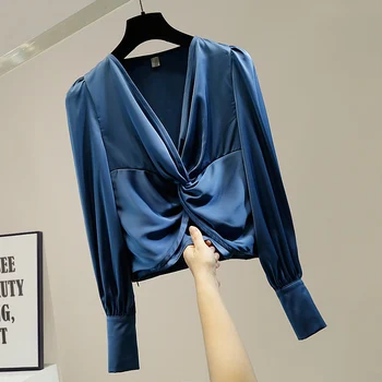 

Lady Shirt Retro Temperament Cross Knot V-neck Short Slim Blouse Women's Long Sleeved Shirts Office Woman All-match Blusas Tops