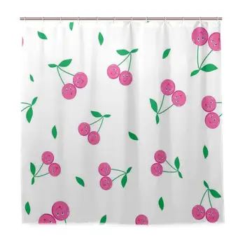 

Unique Shower Curtain Cartoon Style Cherries with Smiling Faces Stalks and Leaves Nursery Fruit Characters Eco-Friendly with 12