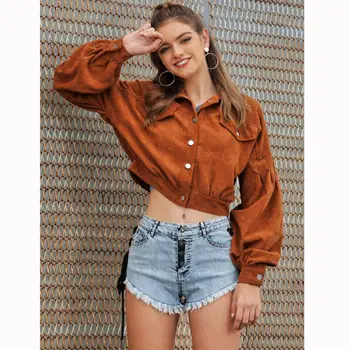 

Burgundy Corduroy Crop Jacket Women Autumn Winter Outerwear Streetwear Button Patch Pocket Vintage Elastic Hem Loose Jacket Coat