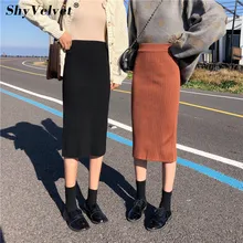 Высокая Талия Длинные юбки с разрезом Женская трикотажная прямая юбка осень зима Элегантная Дамская вязаная юбка Повседневная Femme Jupe серая