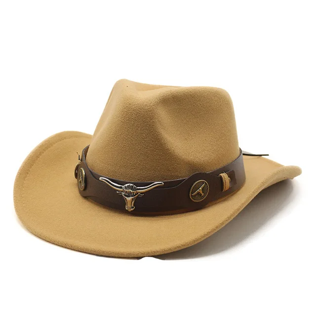 Wome Men Black Wool Chapeu Western Cowboy Hat Gentleman Jazz Sombrero Hombre Cap Dad Cowgirl Hats Size 56-58cm Camel