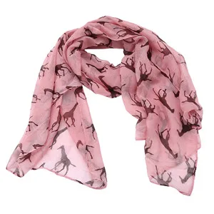 Элегантные шарфы из вуали с животным принтом весна-осень, женский длинный шарф, весенний женский мягкий хлопковый длинный хиджаб с принтом лошади - Цвет: Pink
