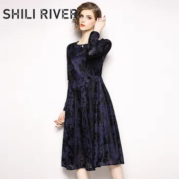 

New autumn winter long dress for women long sleeve slim casual elegant a line velvet pleated floral midi dresses retro red blue