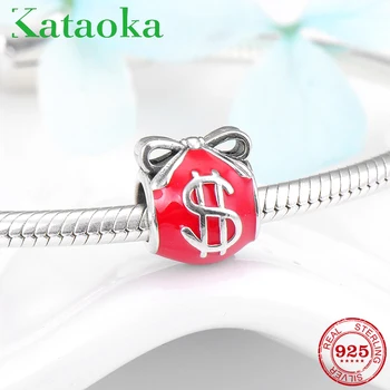 

New Fashion Money Bag Bowknot 925 Sterling Silver Beads Red Enamel fit Charm Pandora Women Bracelets DIY Jewelry Making 2019