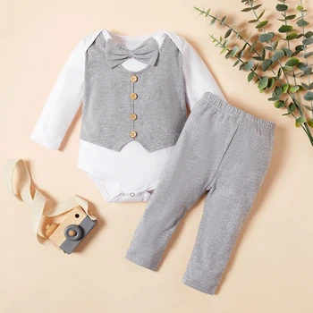 

Baby's Set Two Piece Boys Gentleman Long Sleeved Bodysuit Solid Color Trousers Baby Toddler Clothes Spring And Autumn