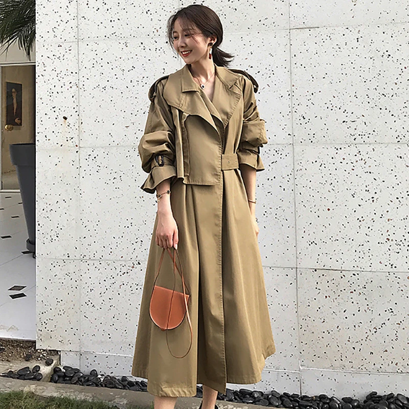 Women Trench Coat Autumn Casual Belt Waist Long Coat Turn Down Collar Long Sleeve Windbreaker Trench Fashion Outwear