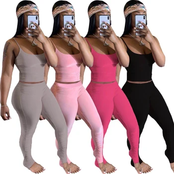 

AA 2PCS Women Solid Color Outfit U-shaped Neck Spaghetti Strap Top Stacked Trousers Casual Style Clothes