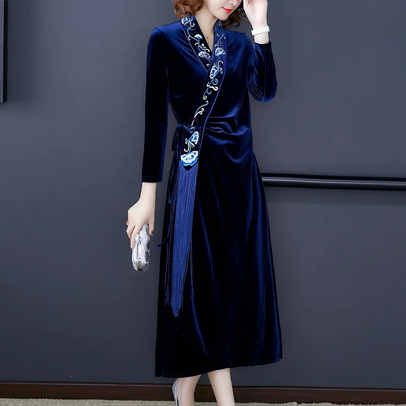 Велюровое вечернее платье, длинное, современное, китайское, Cheongsam Qipao, женское, вышивка, кисточки, длинный рукав, элегантное, китайское платье, TA2121