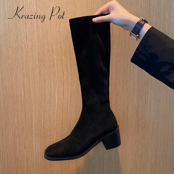 

Krazing Pot equestrian boots microfiber high quality square toe thick high heel zipper convenient daily wear knee-high boots L77