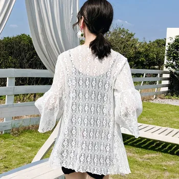 

Fashion Cardigan Women New Vacation Horn Long Sleeve Cardigan Lace Jacquard Hollow Sunscreen Cardigan Coat Women!