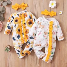 

Baby Girl Rompers Yellow Floral Print Onesie For Newborn Long Sleeve Spring/Fall Outfits Infant Girls 2Pcs Jumpsuit Headbnd
