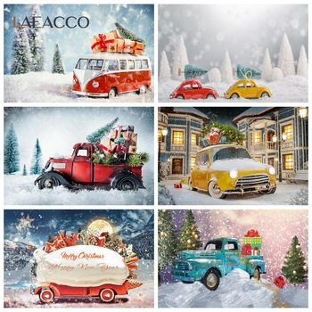 

Laeacco Christmas Backdrops Winter Snowing Forest Pine Trees Car Bus Gift Photography Backgrounds Baby Birthday Party Photophone