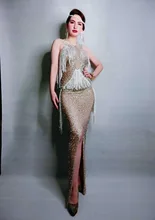 

Performance Nightclub Singer Stage Dress Rhinestones Women Party Tassel Dress Sexy Bodycon Crystals Long Jazz Dace Dress