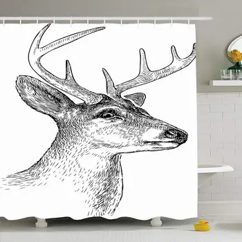 

Shower Curtain Set with Hooks 72x72 Horns On Snout Animal Isolated Sketch Deer Ears Head Animals Wildlife White Nature Realistic