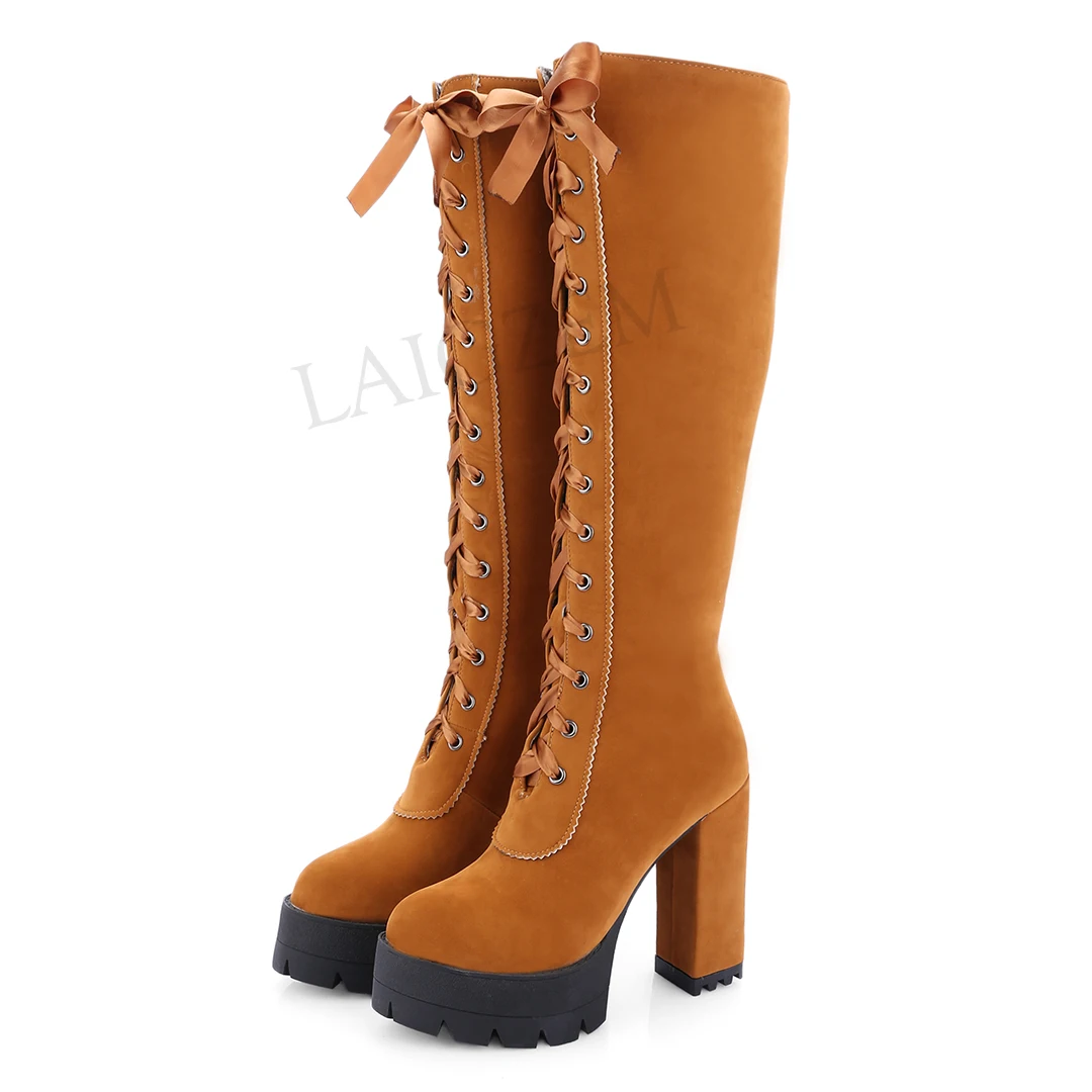 

LAIGZEM Knee High Boots Wide Calf Chunky High Heels Platform Boots Faux Suede Shoes Woman Botines Mujer Big Size 40 41 42 43