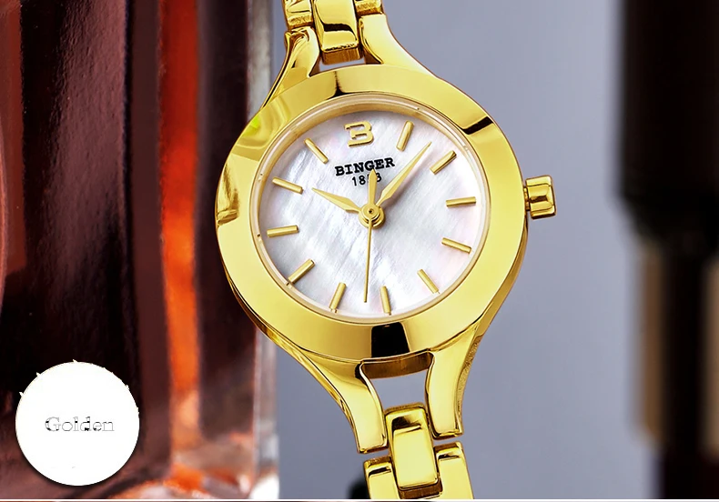 Швейцарские часы Бингер, женские модные роскошные часы 18 К золотого цвета, кварцевые сапфировые полностью из нержавеющей стали, наручные часы B3035-2