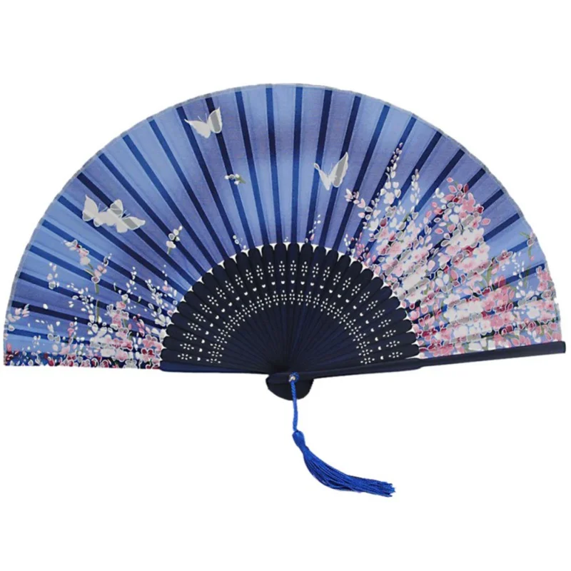 Silk Chinese Fan Folding Hand Held Silk Bamboo Prints Fan Handmade Retro Style Blue Decorative Fans - Цвет: Королевский синий