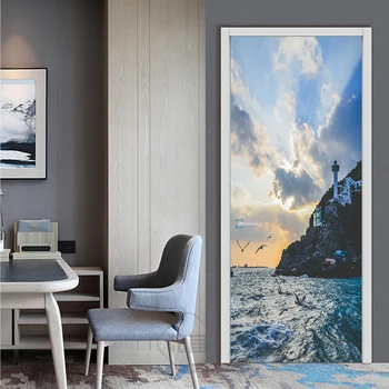 

3D Print Sea Island Seagull Waterproof Entire Door Sticker Creative Stickers Door Wall Sticker DIY Mural Bedroom Home Decor