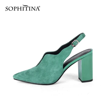 

SOPHITINA Women's Pumps Suede Olive Green Genuine Leather Deep V Slingback Buckle Fashion Summer Laciness Womens Shoes PC717