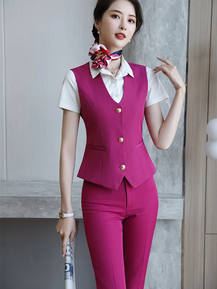 

Rose Red Blue Women V-Neck Vest and Pant 2 Piece Set Female Work Sleeveles Pant Suit Set Office Lady Formal Business Career Wear