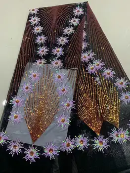 

Nigerian lace fabric 5 yards 3D sequins lace fabric mesh lace fabric 2020 sequins, color lace fabric for haute couture YYZ8973