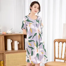 QWEEK Nightgown Women Flower Print Cotton Nightie Batas De Dormir Para Mujer Nightwear Sleepwear Nightdress Home Dress Loose