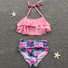 Для девочек-подростков, купальник, Детские купальники для девочек с Цветочным Рисунком Бикини Высокая Талия ванный комплект Falbala детская Плавание одежда по уходу за детьми Плавание одежда