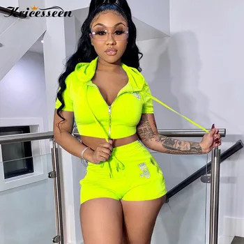 

Kricesseen Sexy Solid Hooded Two Piece Shorts Set Women Tracksuit Short Sleeve Top And High Waist Shorts Suits Outfits
