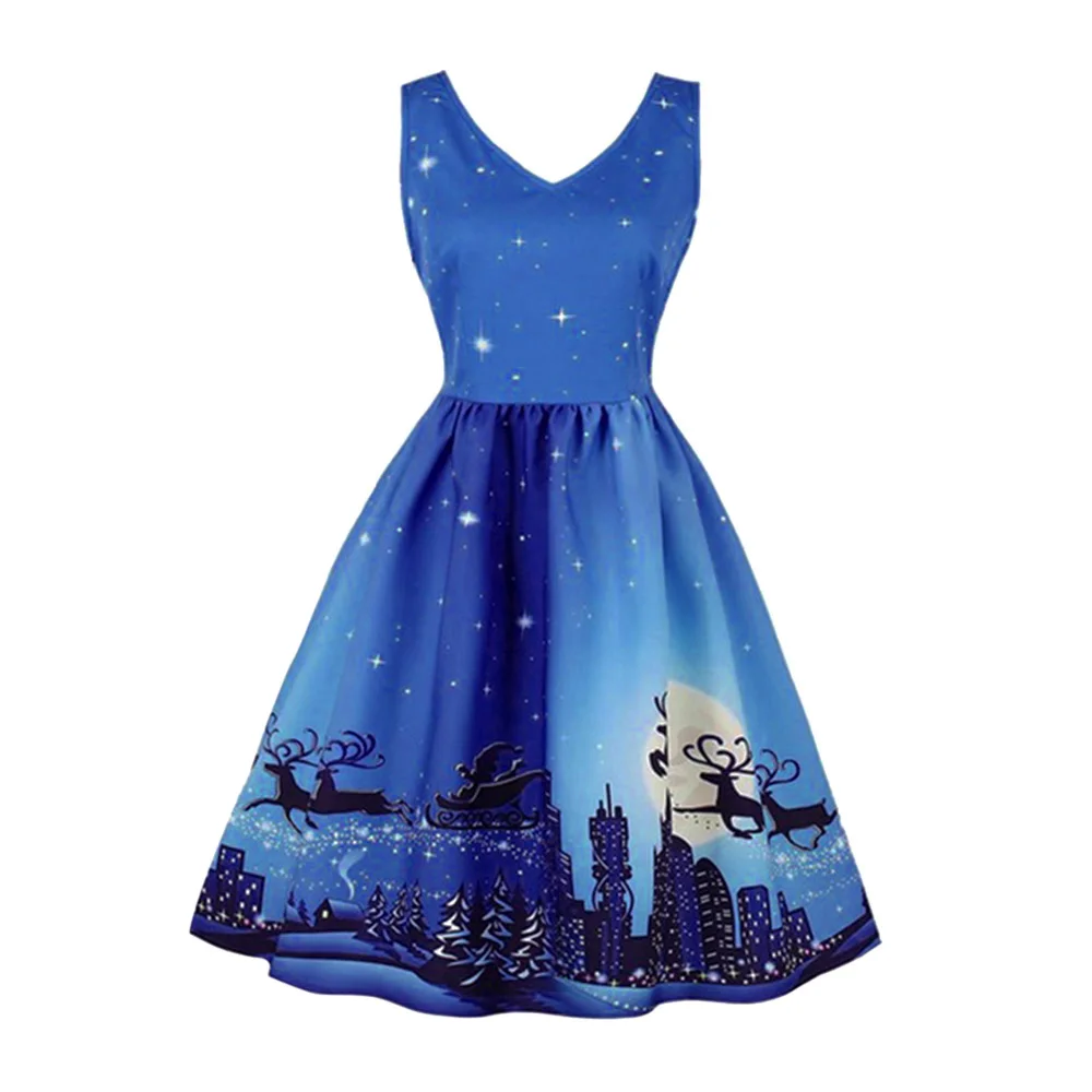 

2019 New Arrival Christmas Dresses Women Evening Party Dress Women's V Neck Printing Vintage Sleeveless Dresses Female Dress