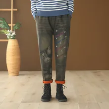 FINEBUD, новинка, Корея, модные женские джинсы, эластичная резинка на талии, свободные, винтажные, хлопковые, джинсовые, теплые, шаровары, лоскутные, с вышивкой, джинсовые штаны