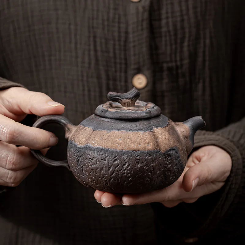 

Japanese style gilt iron glaze persimmon teapot pottery Kung Fu tea set teapot single pot coarse pottery retro