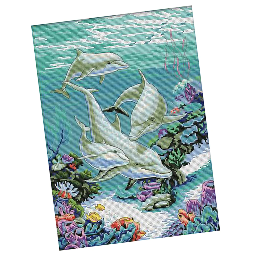 11CT Counted& Stamped Cross Stitch Kit for Beginners Embroidery Dolphins Patterns