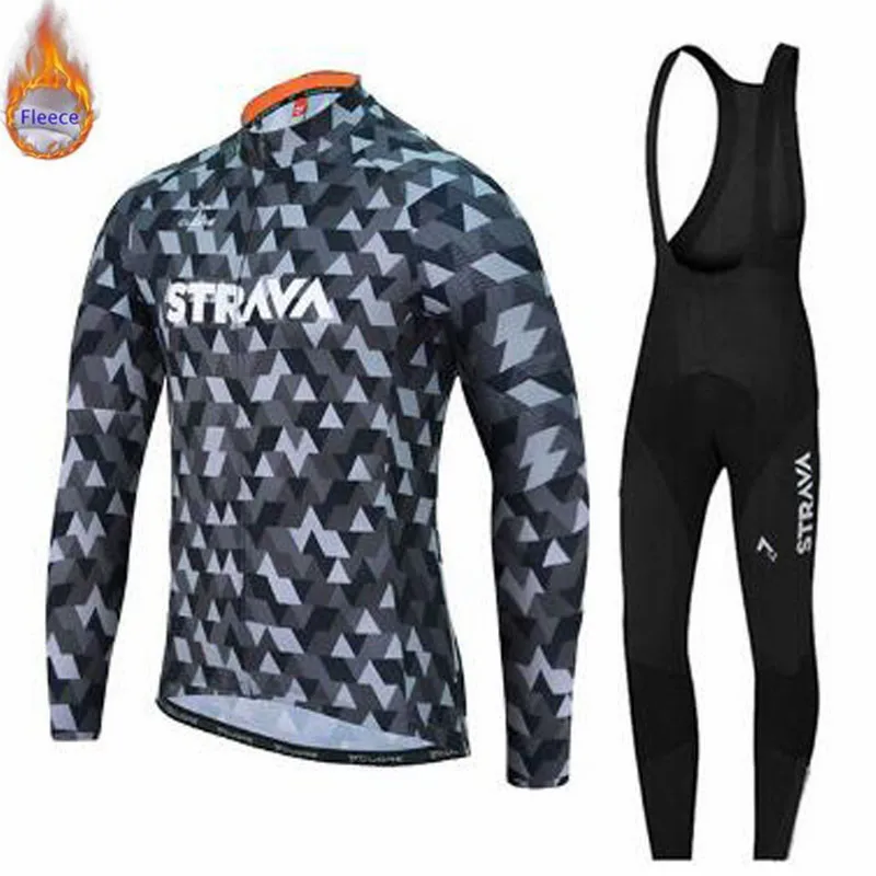 

2019 Strava Long Sleeve bicycle Clothing Winter Thermal Fleece Clothing Cycling Jersey Set Men Bike Cycling Jersey Ropa Ciclismo