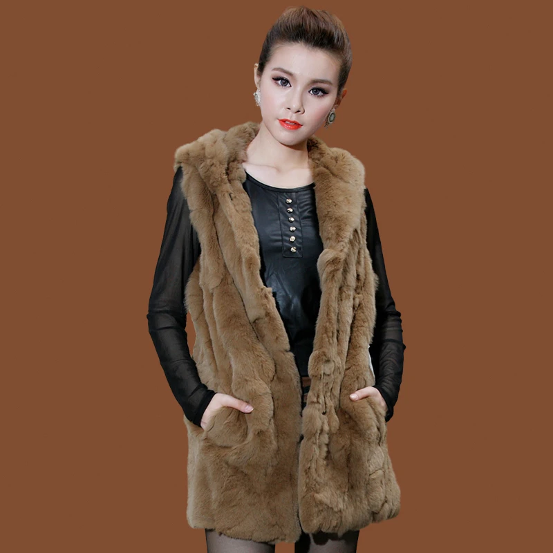 

Fashion 2020 Natural Rex Rabbit Fur Vest Hooded Winter Female Jacket Real Fur Coat Long Slim Waistcoat for Women 8120008