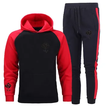 

Tracksuit Fashion Men/Women Sportswear Color Splice Hoodie Vetement Homme Track Suit Rose Flower Two Piece Set Sweatshirt+Pants