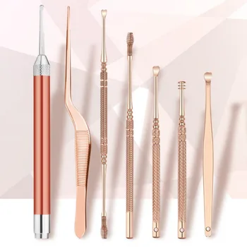 

NEW 7pcs/set Rose Gold Stainless Steel Earpick LED Ear Wax Pickers Artifact Lighted Light Ear Picking Tool Suitable Ear Cleaning