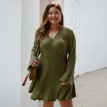 

2019 Autumn Winter Oversized Dress Ladies Knitted Dress Women Plus Size Dress For Women V-neck Long Sleeve Dress Female