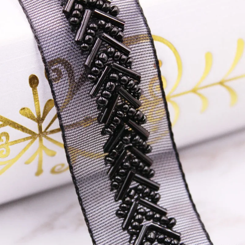 1Yards/Lot Black Beaded Lace Ribbon Lace Fabric beaded fringe Lace Trim Embroidered Collar Decoration African Lace Fabric Sewing