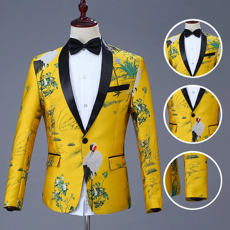 Модный желтый костюм для певцов с цветочным принтом Homme, Новое поступление, Свадебный костюм с длинными рукавами, куртка с карманами