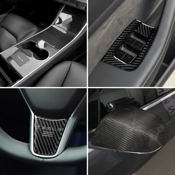 

For Tesla Model 3 Car Styling Carbon Fiber Headlamp Frame Wheel Caps Storage Box Window Lift Button Gear Door Panel Handle Cover