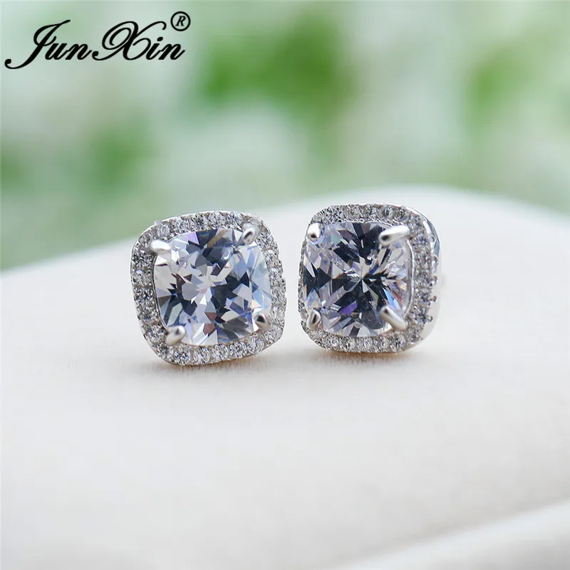 Female Multicolor Birthstone Square Stud Earrings For Women White Gold Rose Blue Fire Opal Wedding Jewelry | Украшения и