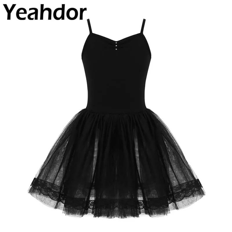 

Kids Girls Ballet Dress Spaghetti Shoulder Straps Pinched Front with Rhinestone Ballet Dance Gymnastics Leotard Mesh Tutu Dress