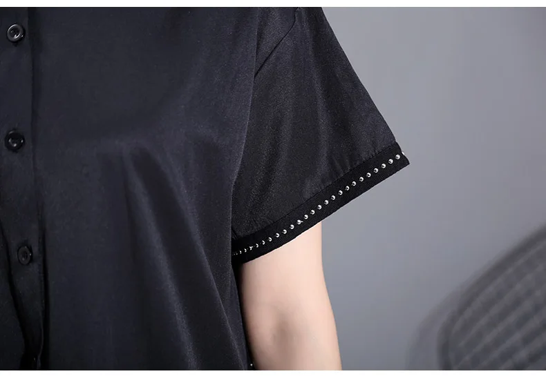 New Fashion Black Pleated Chiffon Hem Lapel Shirt Dress