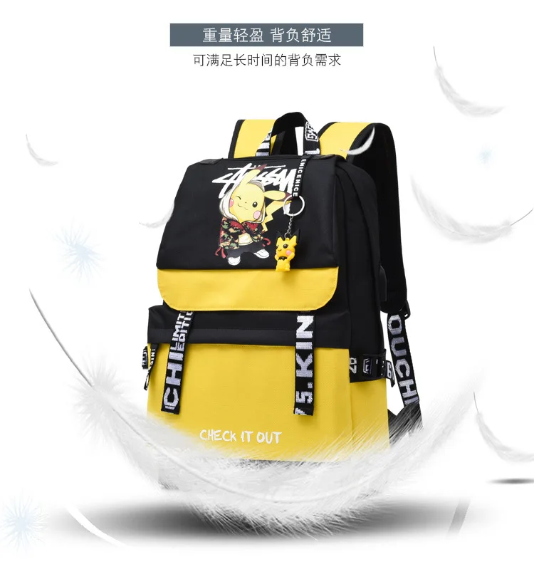 Action Large Pikachu Backpack with USB Charge Line Student Schoolbag Cute Cartoon Pikachu Couple Bags Quality Canvas Bag Gift