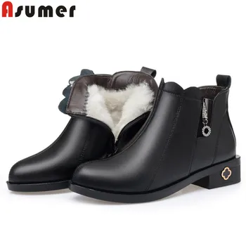 

ASUMER big size 35-43 ankle boots women genuine leather boots round toe zip square heels shoes keep warm sheep wool snow boots