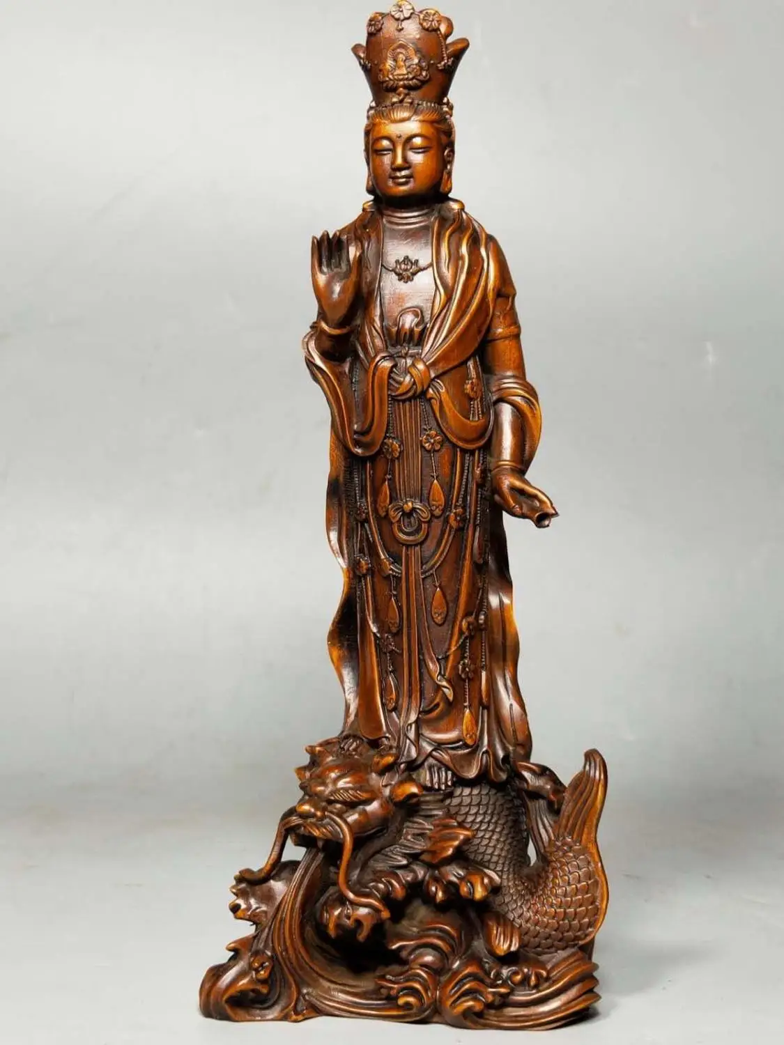 

wedding decoration 8" Chinese Boxwood Seikos Wood Carving AvalokiteÅ›vara statue Bodhisattva IÅ›vara svara dragon wood carving