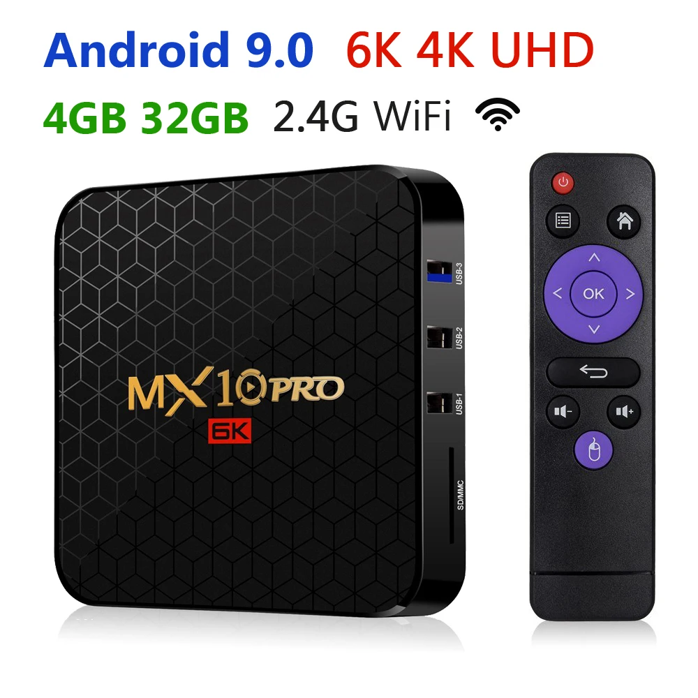 

New Smart TV Box Android 9.0 Video Media Player MX10 Pro 4GB 32GB 4K HD Image 6K 2.4G Wifi 100M LAN Remote Control Set Top Box 4